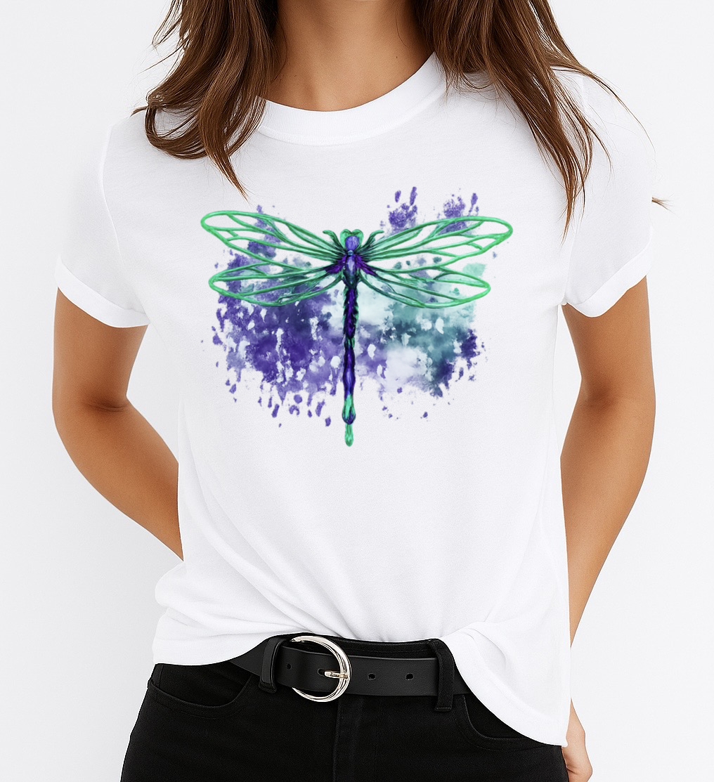 Tricou Alb Dama din Bumbac 100% - Green Butterfly