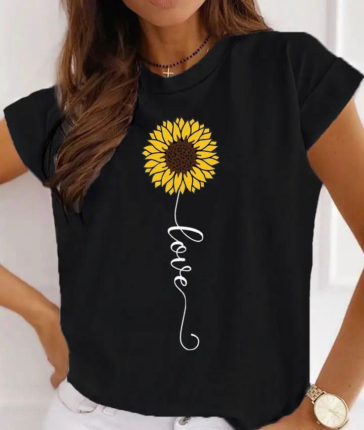 Tricou Negru Dama din Bumbac 100% - Flower