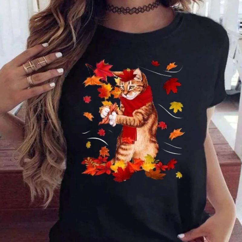 Tricou Negru Dama din Bumbac 100% - Autumn 2