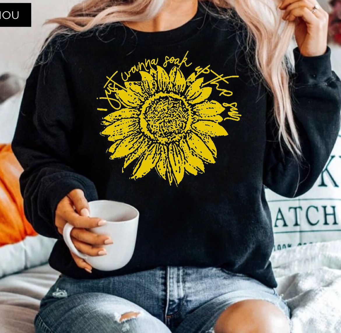 Bluza neagra din bumbac 100% Neagra Yellow Flower 5