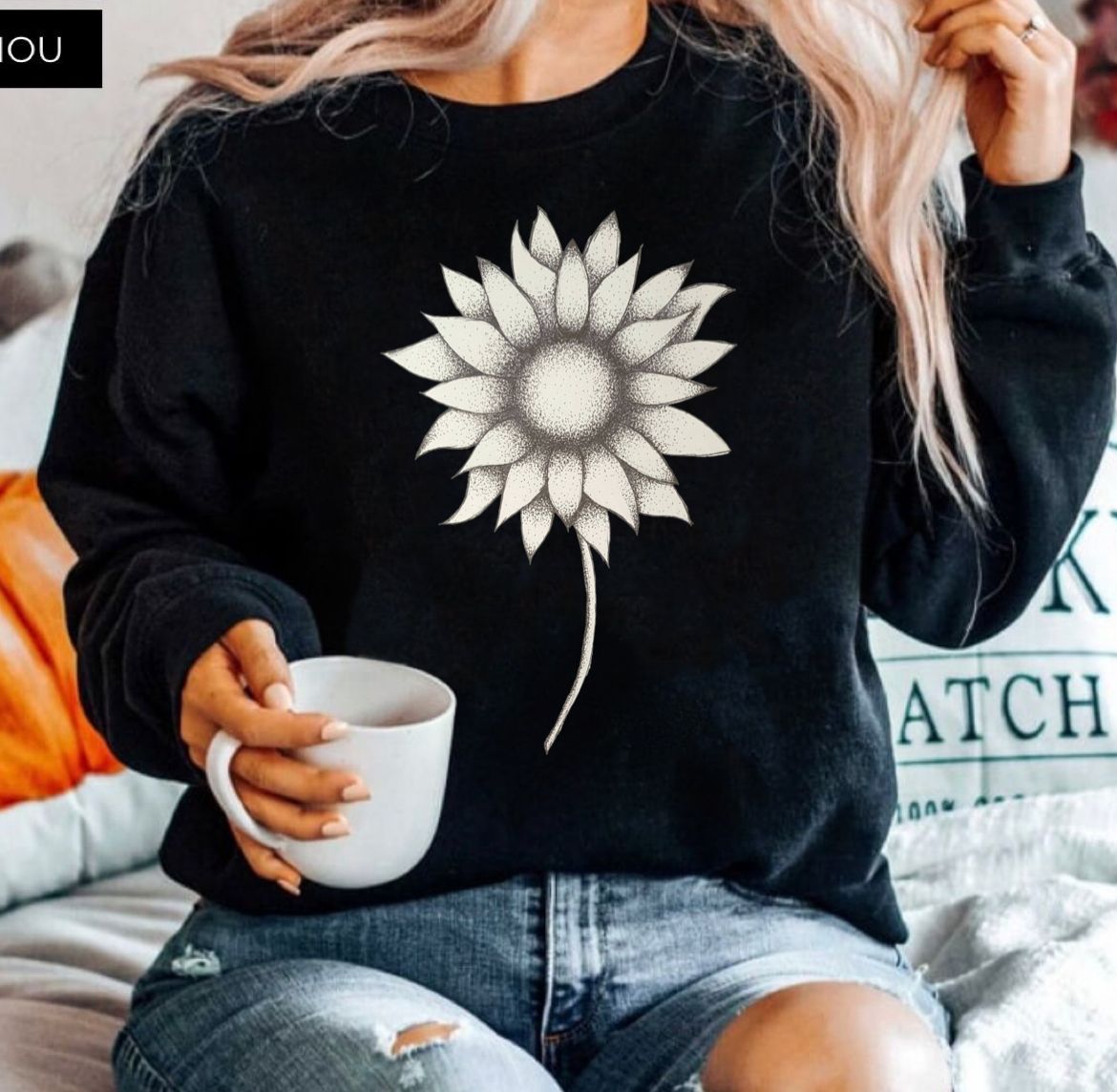 Bluza din bumbac 100% Neagra One Flower