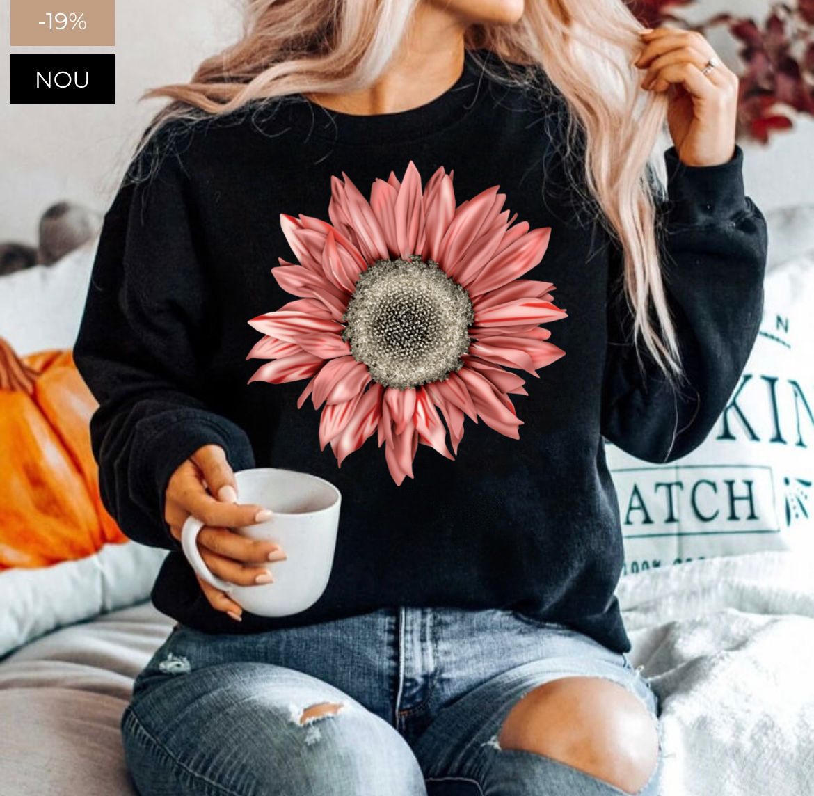 Bluza neagra din bumbac 100% Neagra Nice Flower