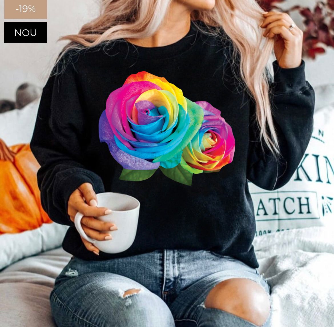 Bluza neagra din bumbac 100% Neagra Black flowers