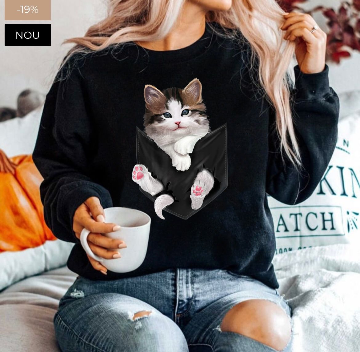 Bluza neagra din bumbac 100% Neagra White cat 4