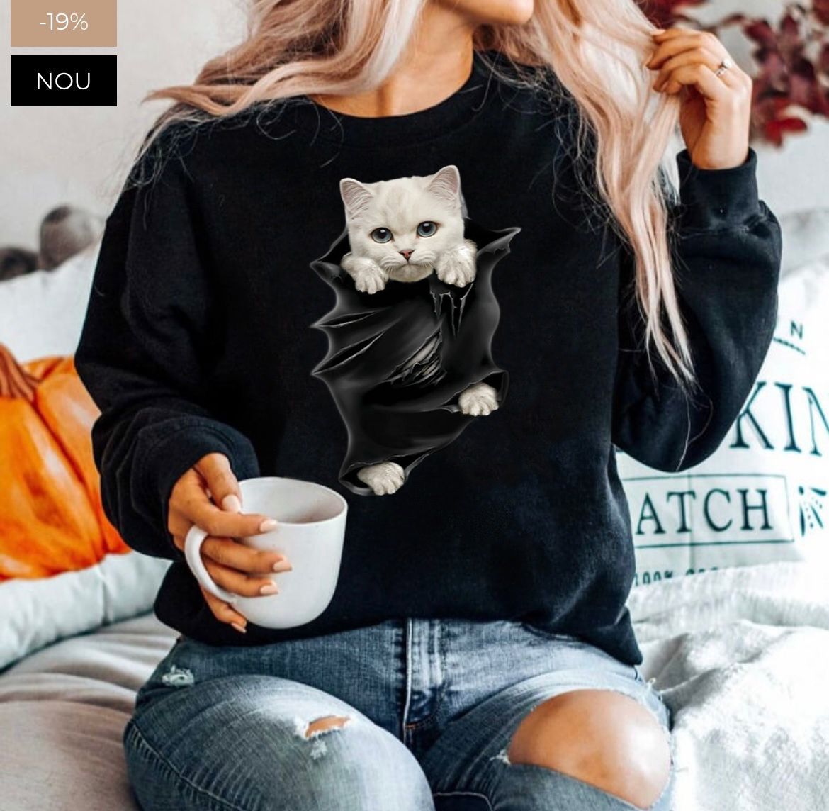 Bluza neagra din bumbac 100% Neagra White cat