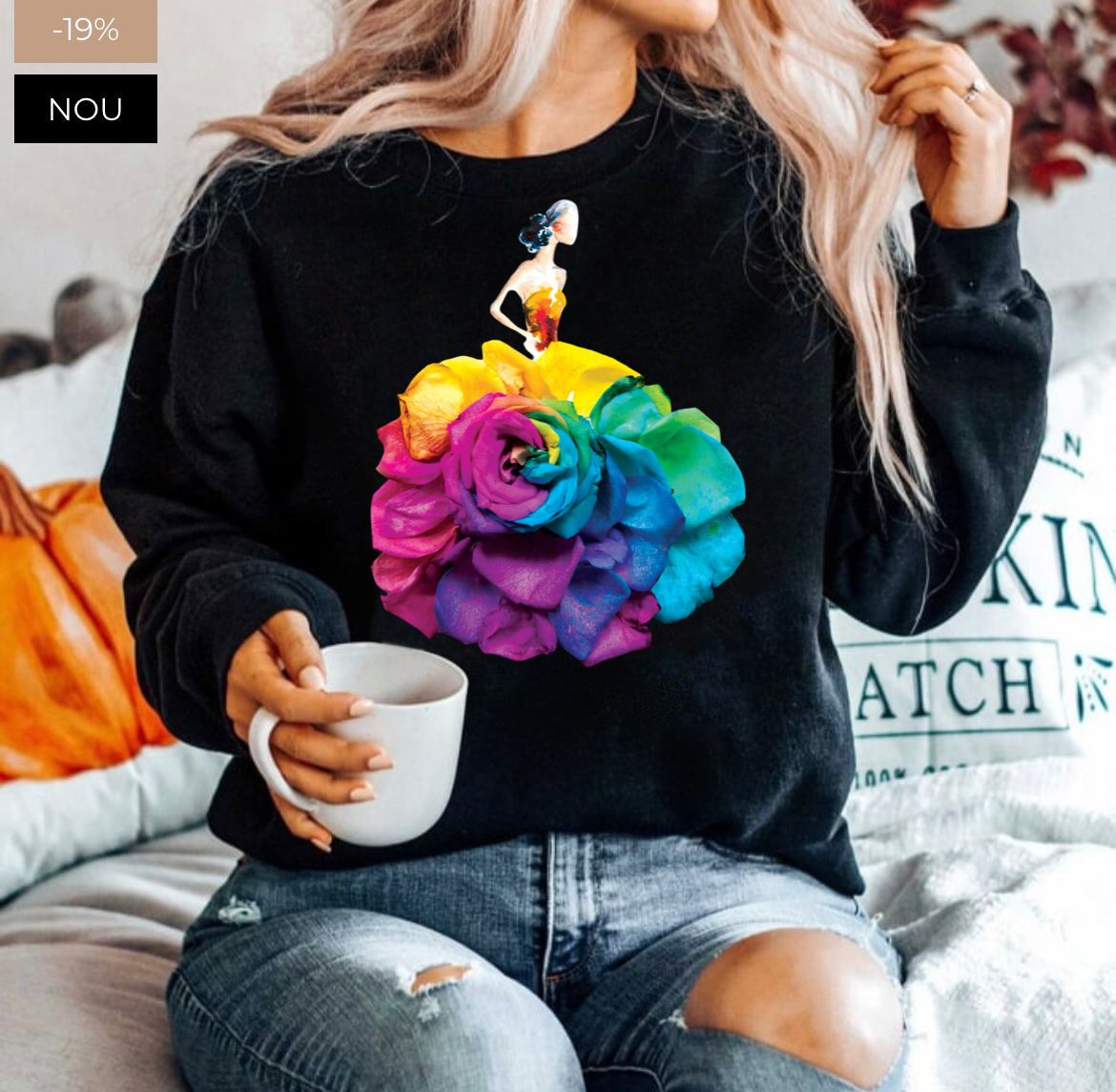 Bluza neagra din bumbac 100% Neagra Flower 11