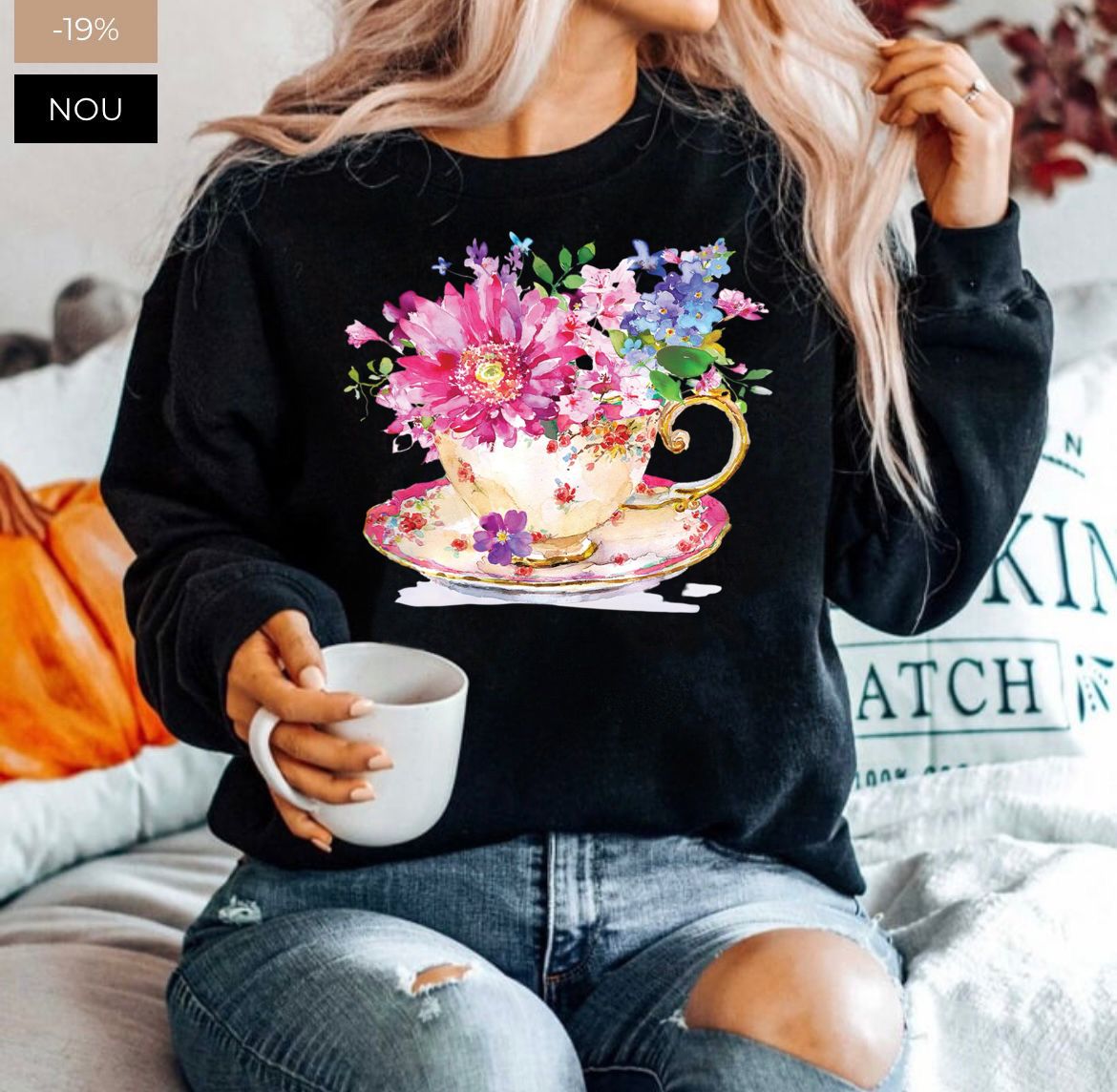 Bluza neagra din bumbac 100% Neagra Flower cup