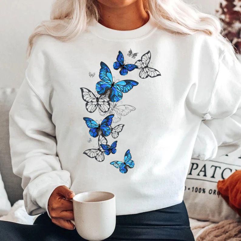 Bluza alba din bumbac 100% Blue Butterflies