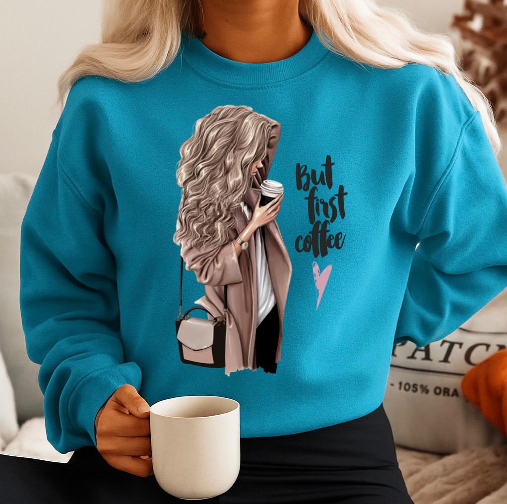 Bluza turcoaz din bumbac 100% But first coffee