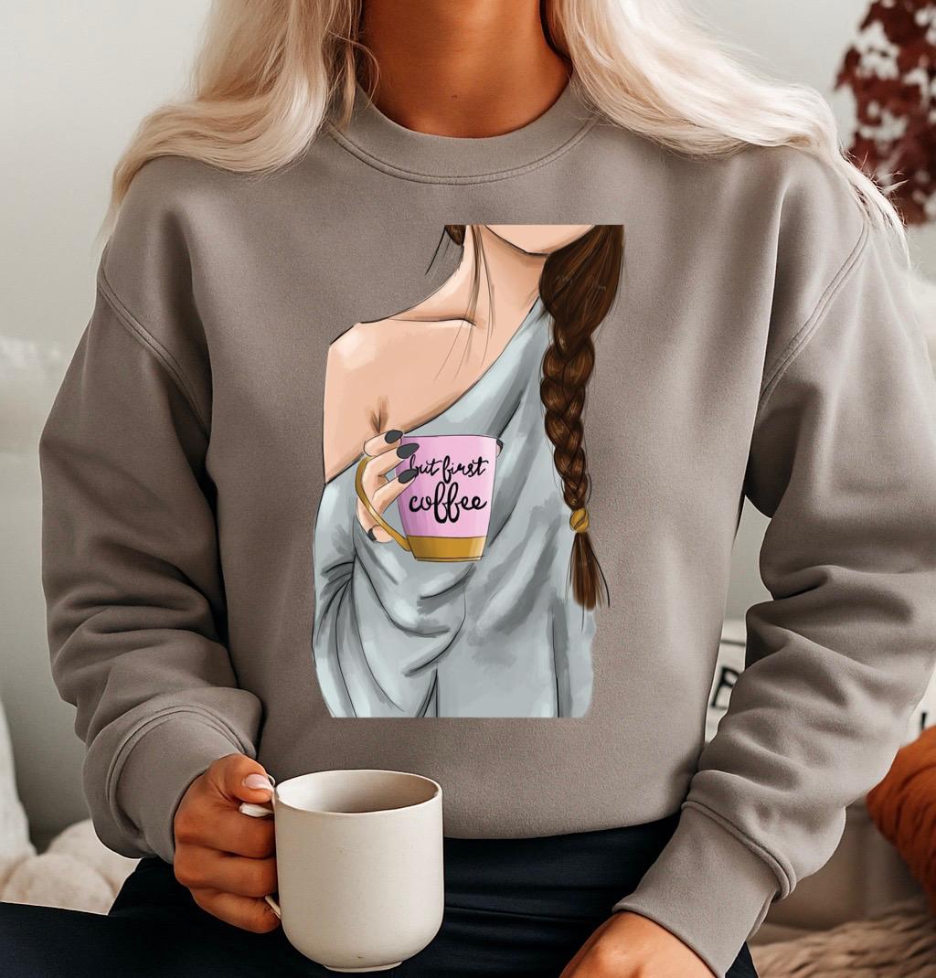 Bluza gri din bumbac 100% But first coffee