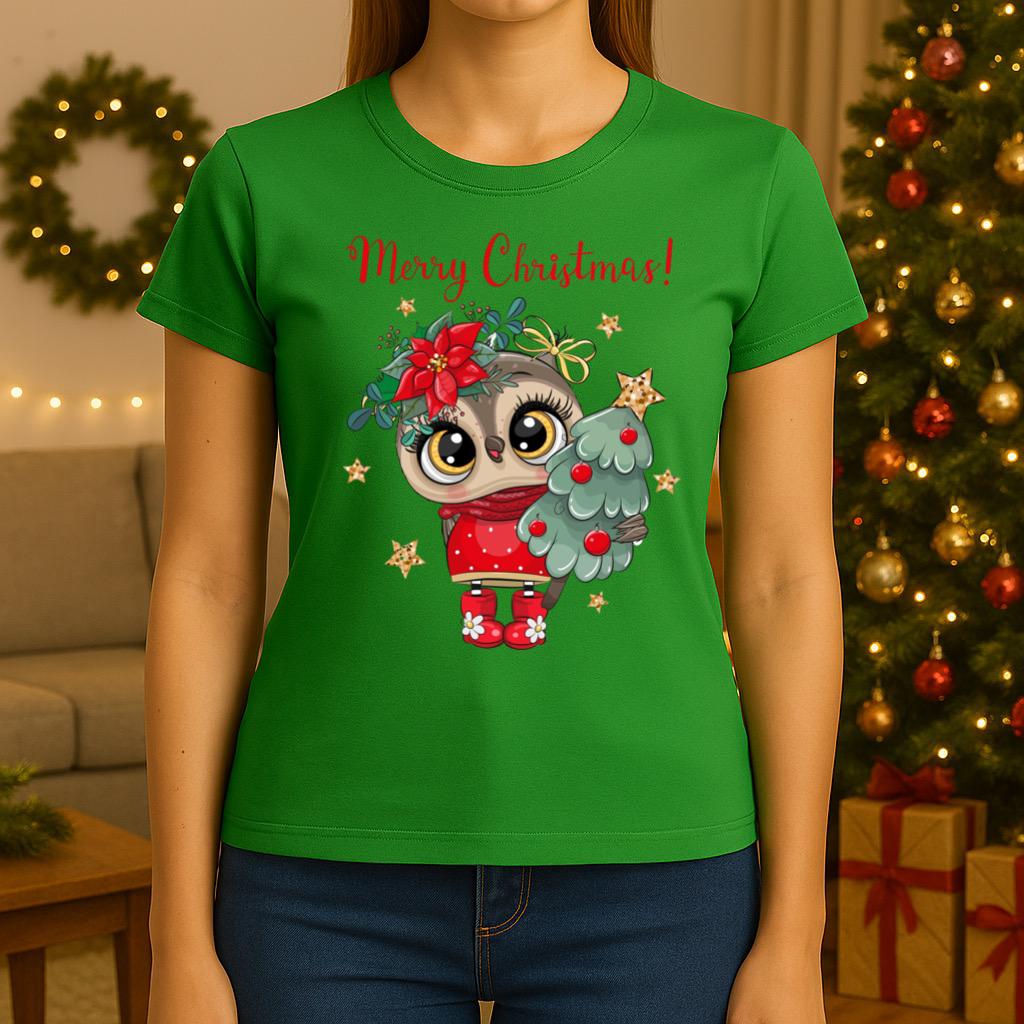 Tricou Verde Dama din Bumbac 100% - Merry Christmas Red - MonCherie
