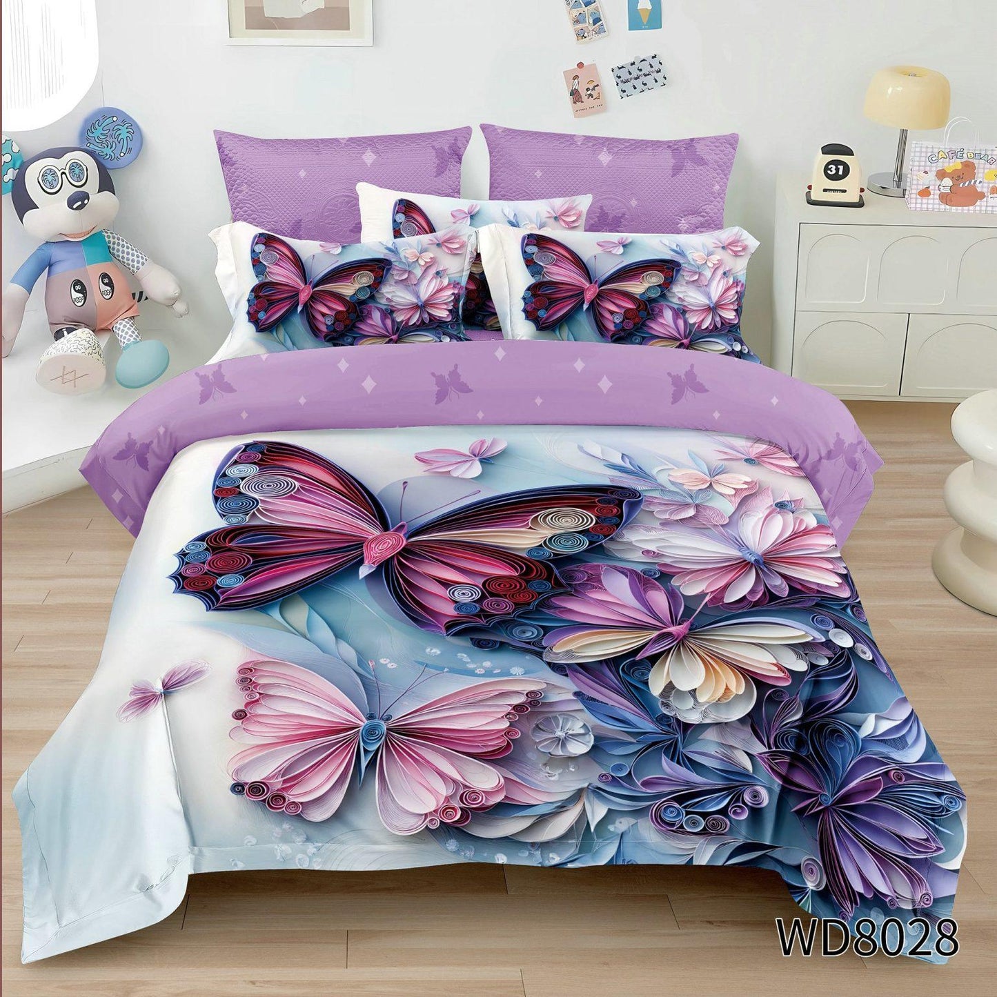 Lenjerie pat dublu, FINET, 5D DIGITAL PRINT, cu elastic 4 piese F-963