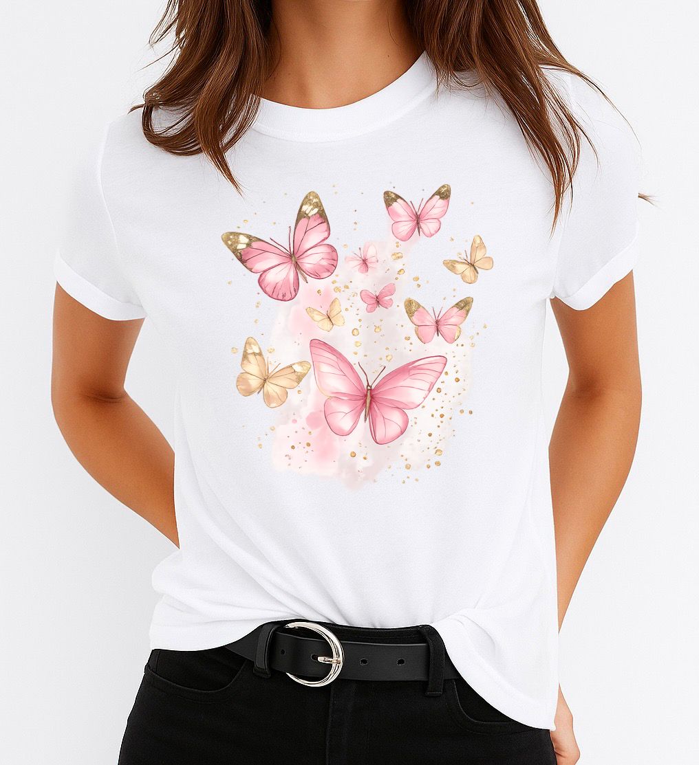 Tricou Alb Dama din Bumbac 100% - Fluturi Roz