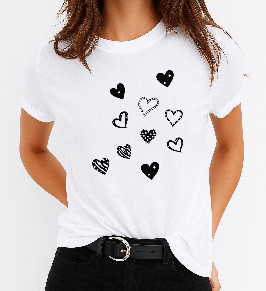 Tricou Alb Dama din Bumbac 100% - Black hearts