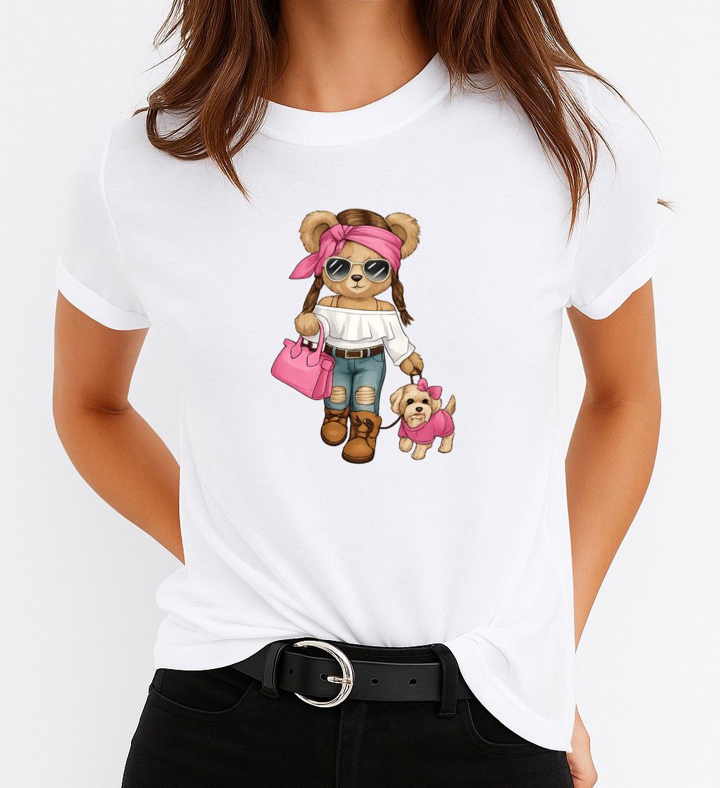 Tricou Alb Dama din Bumbac 100% - Pink Bear