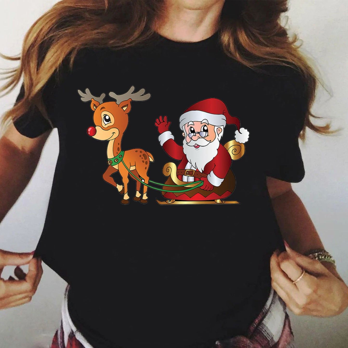 Tricou din bumbac 100% Negru Mos cu Ren