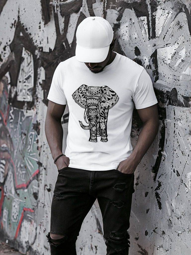 Tricou Alb Barbati Mandala Elephant – Bumbac 100%
