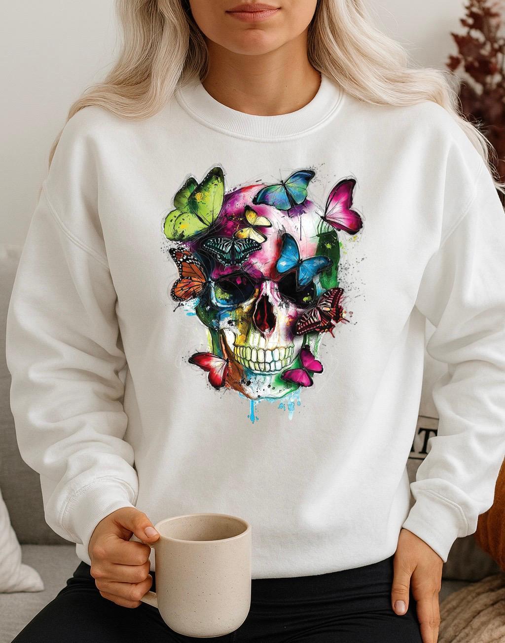 Bluza Alba Dama din Bumbac 100% Fluturi Craniu