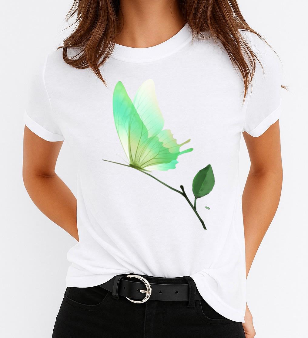 Tricou dama din bumbac 100% Green Big Butterfly