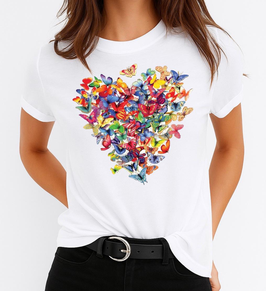 Tricou dama din bumbac 100% Heart Butterfly Multicolor