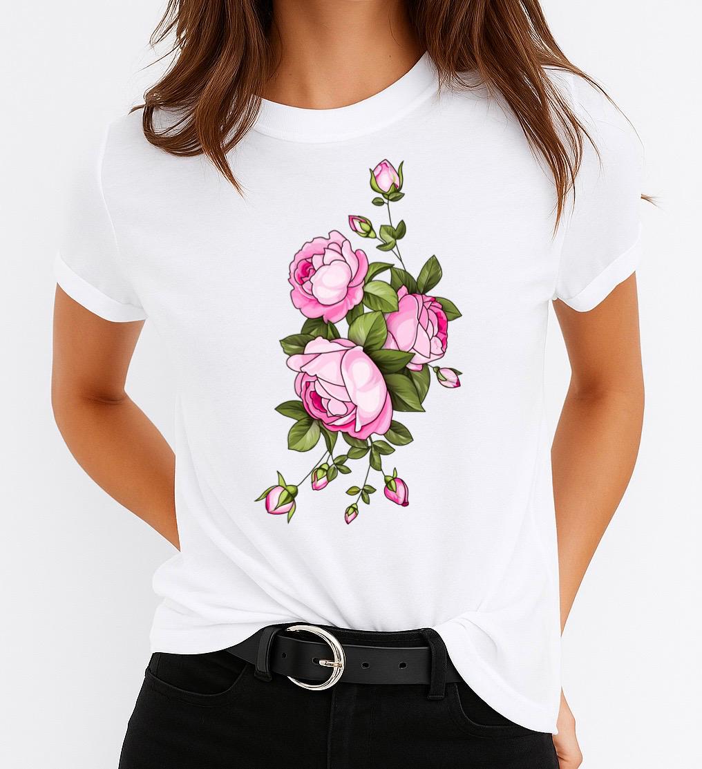 Tricou Alb Dama din Bumbac 100% - Pink Flowers
