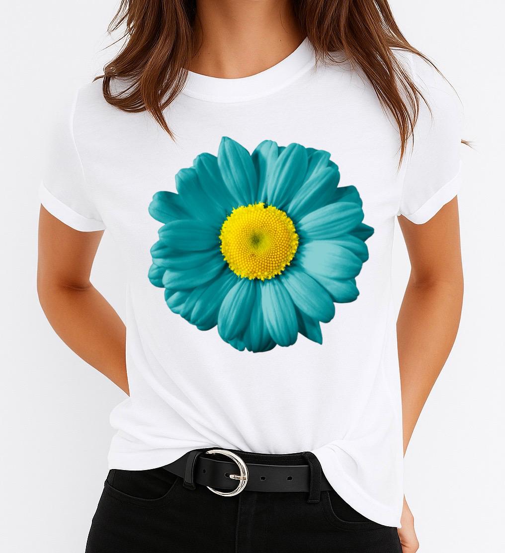 Tricou Alb Dama din Bumbac 100% - Blue Flower - MonCherie
