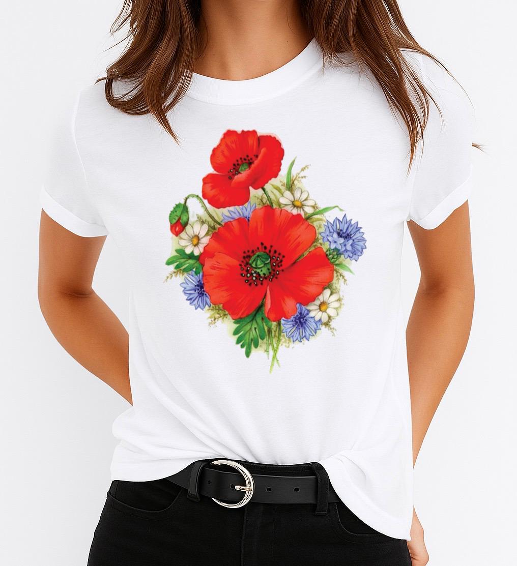 Tricou Alb Dama din Bumbac 100% - 2 Red Flowers