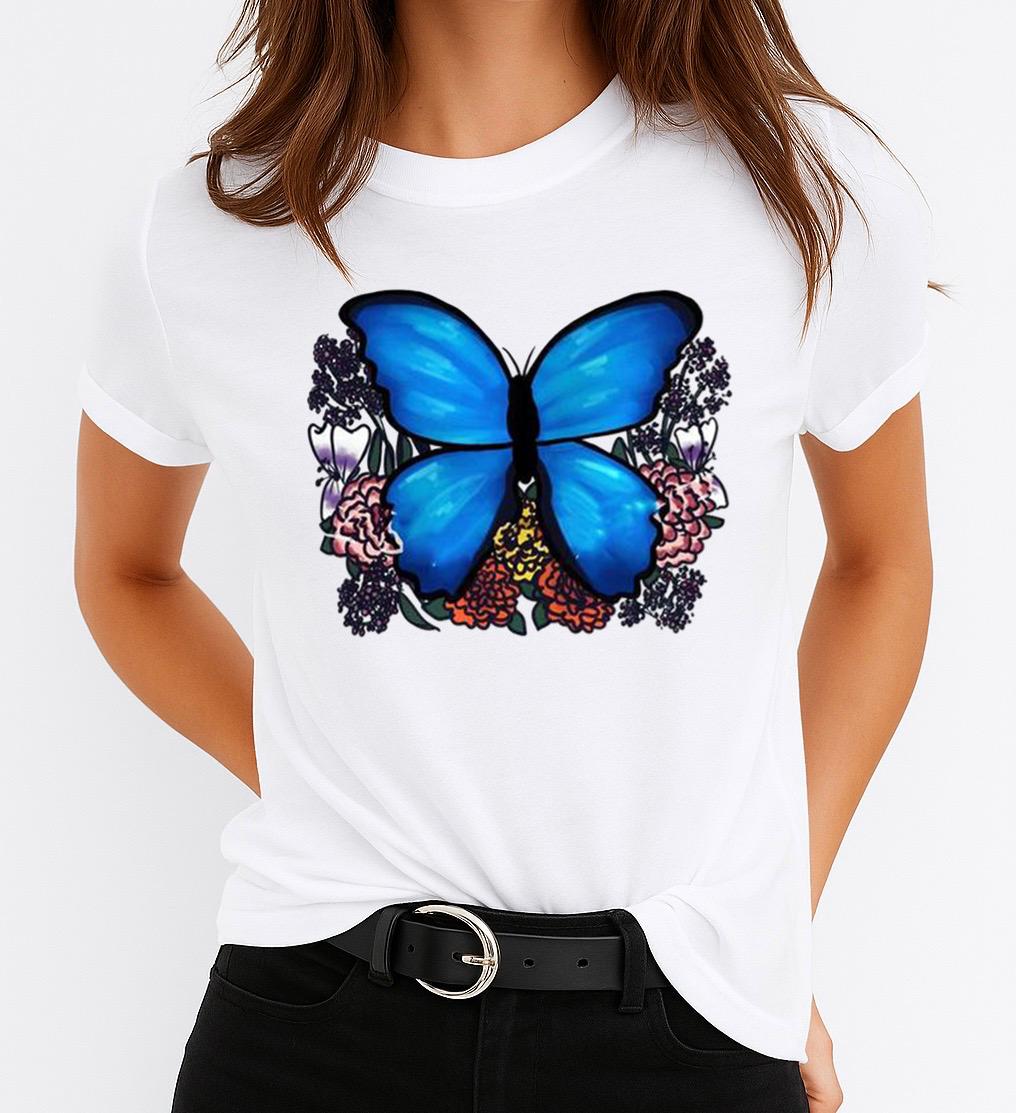 Tricou Alb Dama din Bumbac 100% - Big Butterfly 4
