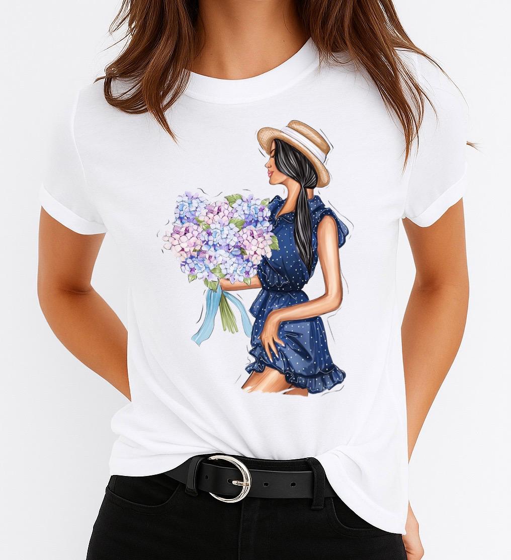 Tricou Alb Dama din Bumbac 100% - Blue Dress Nice Flowers