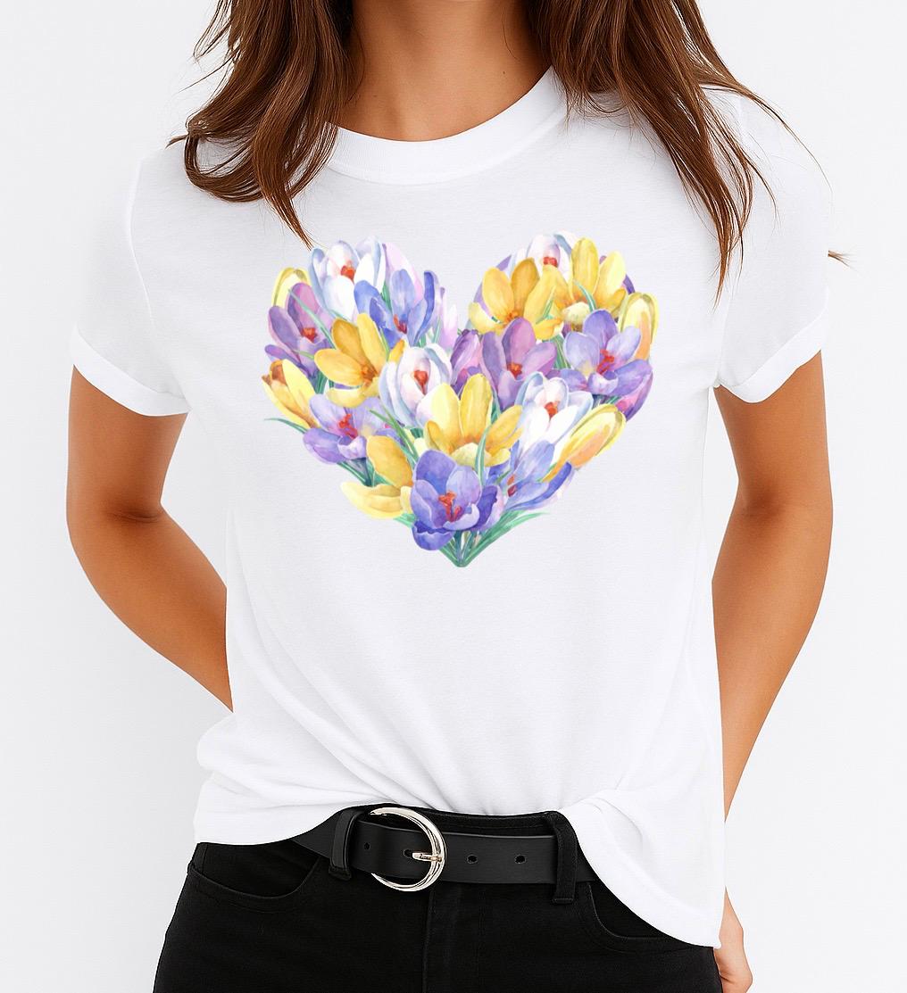 Tricou Alb Dama din Bumbac 100% - Heart Spring Flower