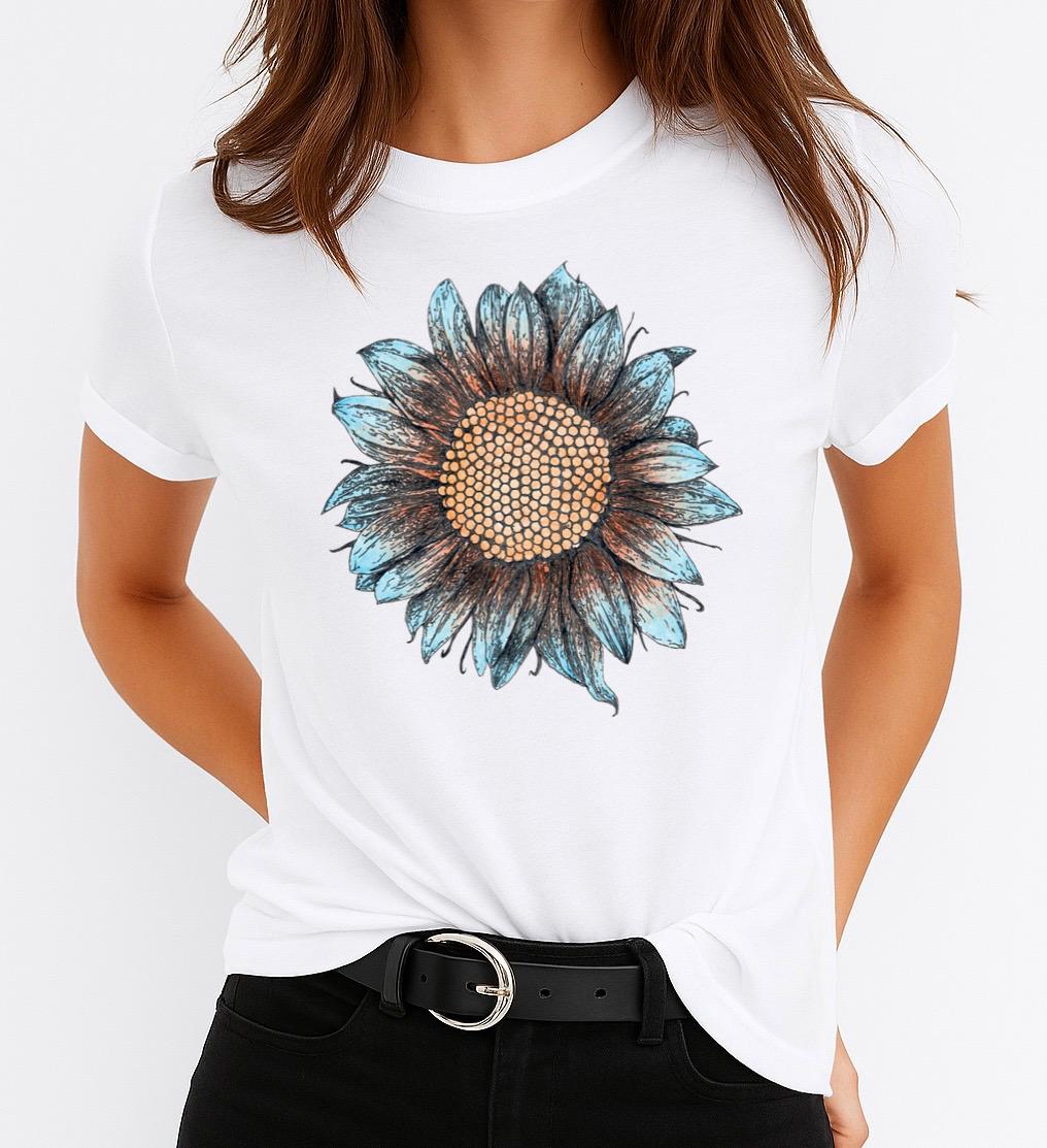 Tricou Alb Dama din Bumbac 100% - Blue Flower
