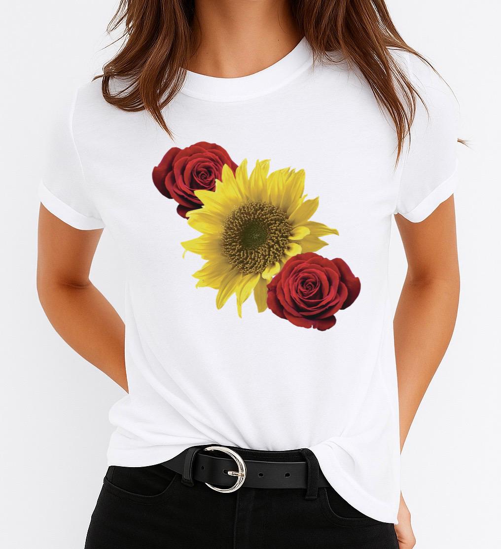 Tricou Alb Dama din Bumbac 100% - 3 Flowers
