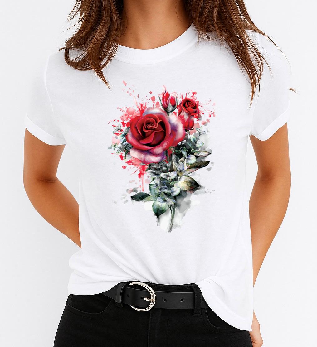 Tricou Alb Dama din Bumbac 100% - 2 Red Flowers 2