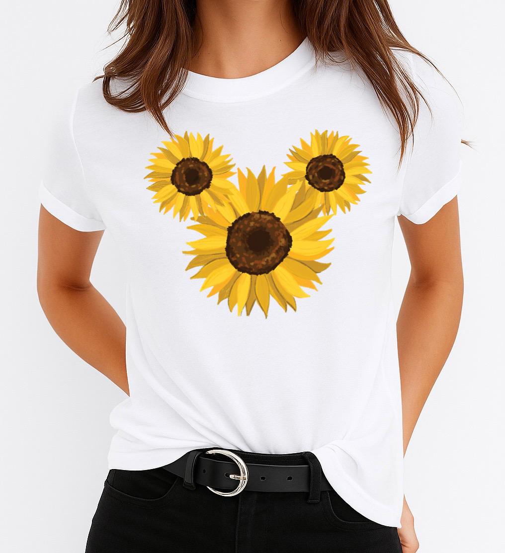 Tricou Alb Dama din Bumbac 100% - 3 Yellow Flowers