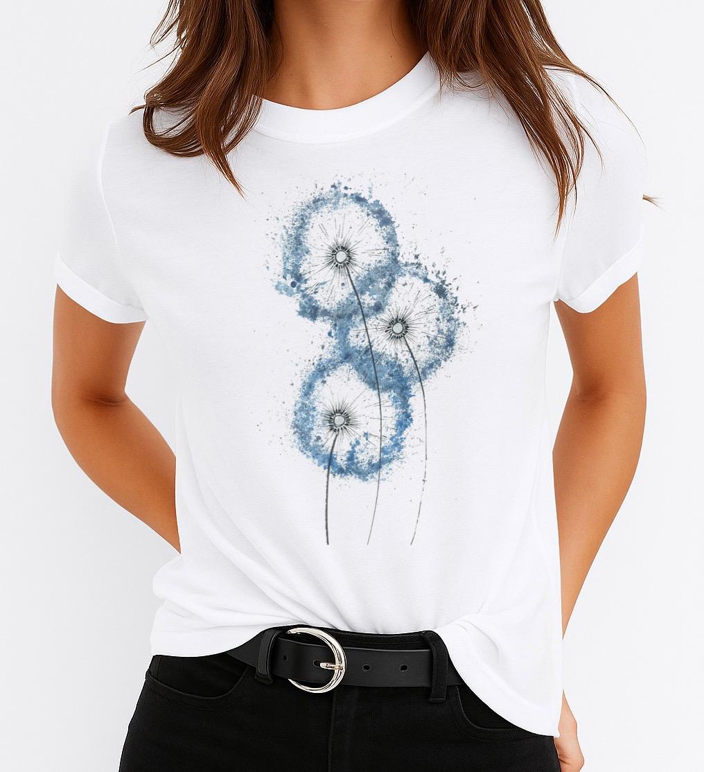 Tricou Alb Dama din Bumbac 100% - 3 Blue Butterflies