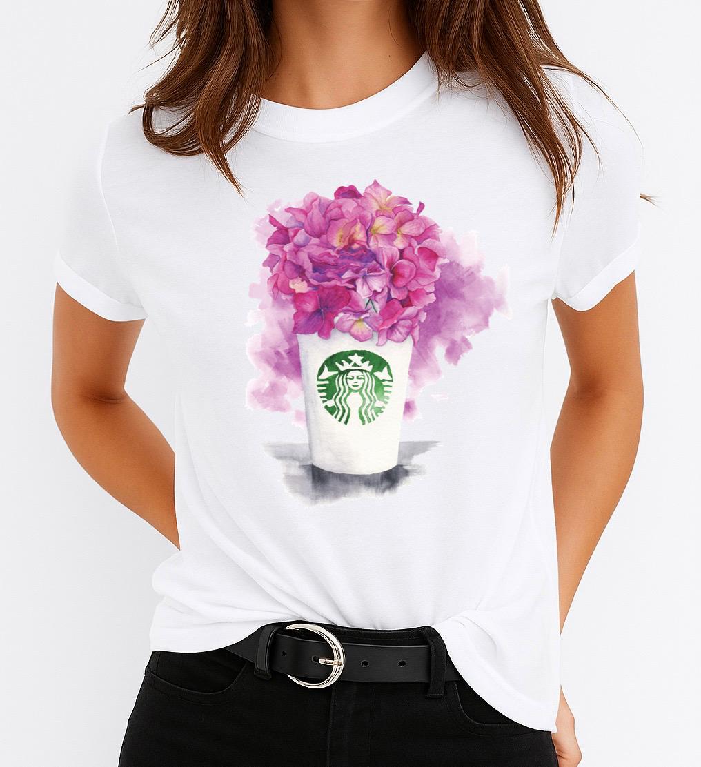 Tricou dama din bumbac 100% Coffee Mov Flowers