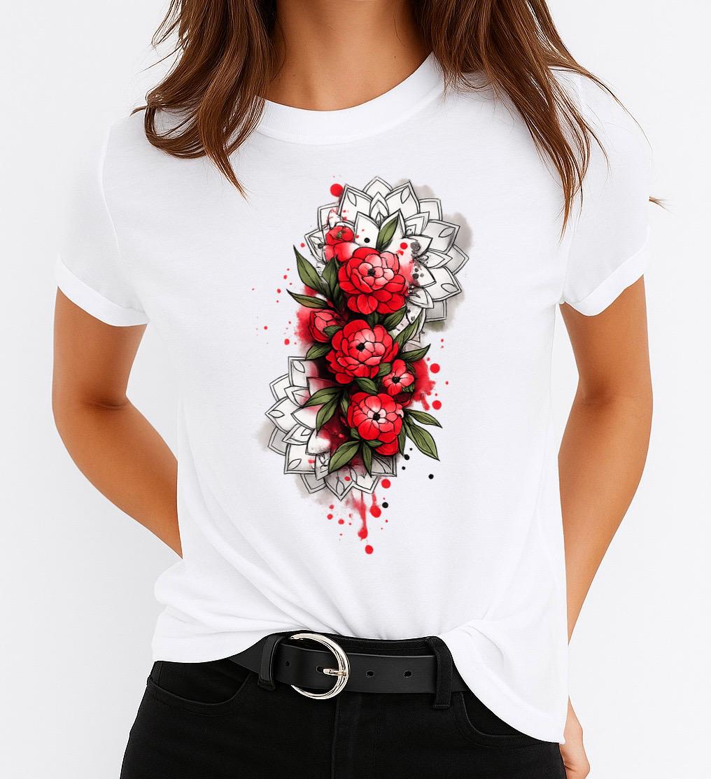 Tricou dama din bumbac 100% 3 red flowers