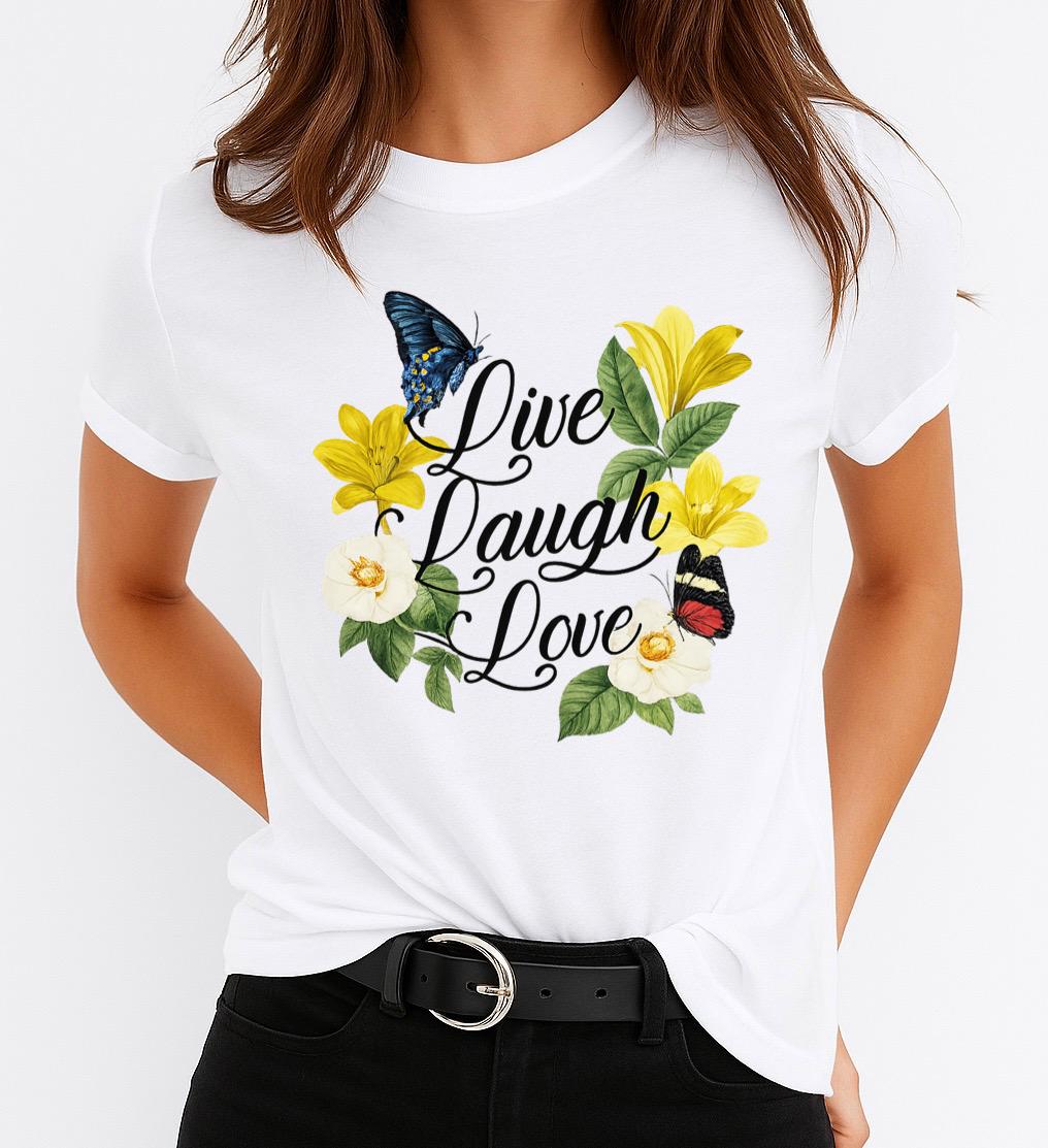 Tricou Alb Dama din Bumbac 100% - Love Laugh Love
