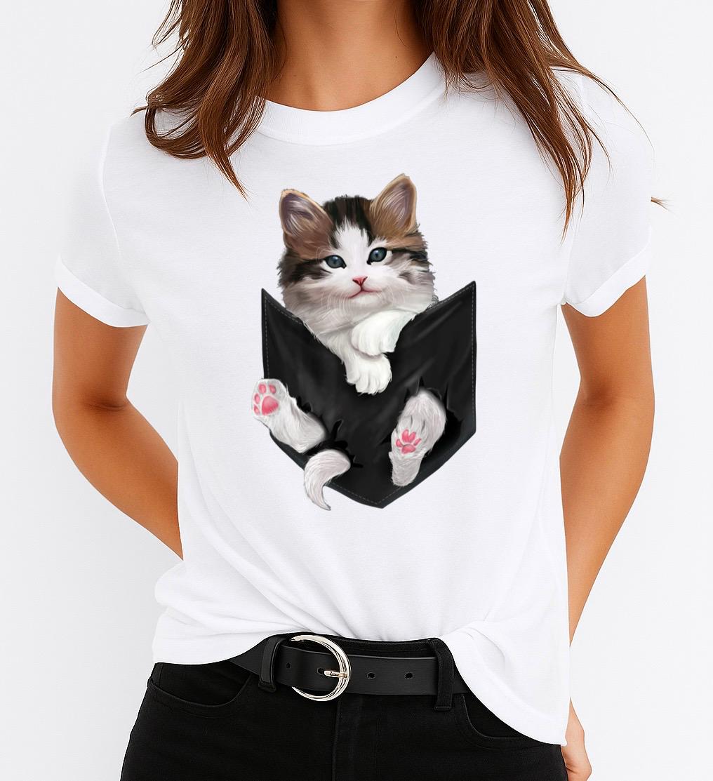 Tricou dama din bumbac 100% White Cat Pocket