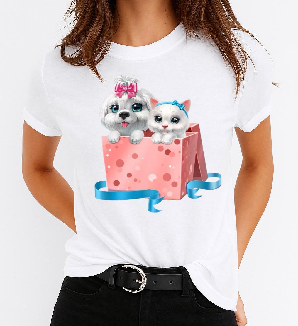Tricou dama din bumbac 100% Cute Cat and Puppy