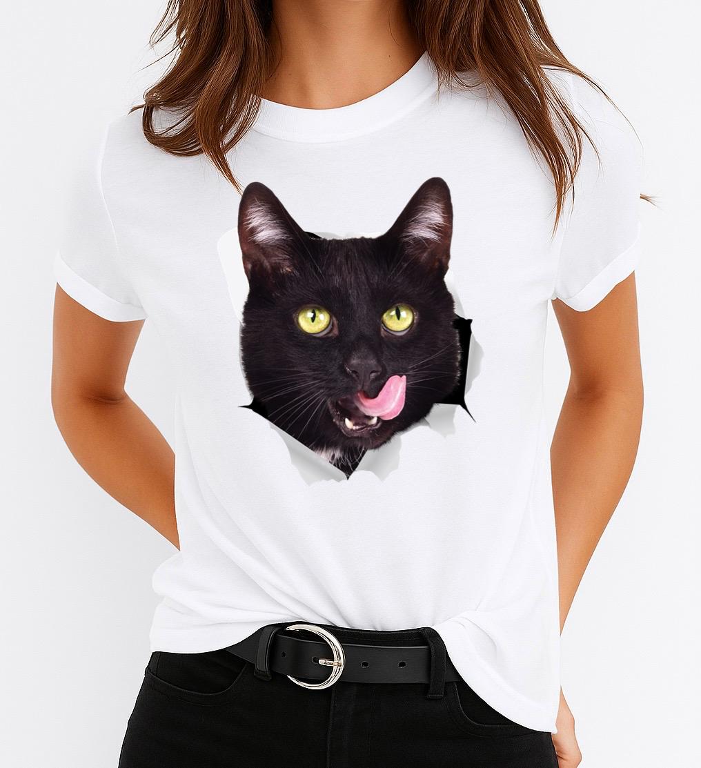 Tricou Alb Dama din Bumbac 100% - Black Cat 3