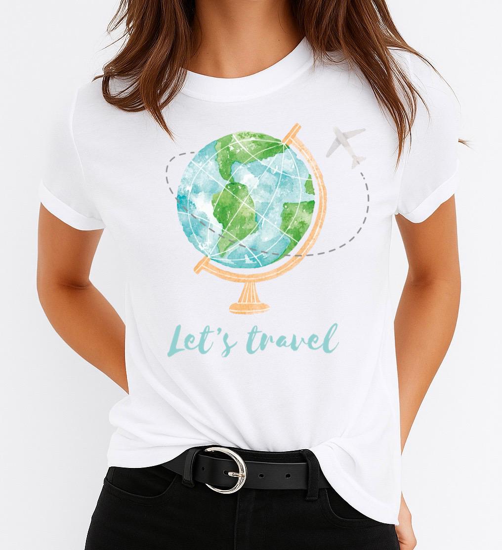 Tricou Alb Dama din Bumbac 100% - Let's Travel - MonCherie