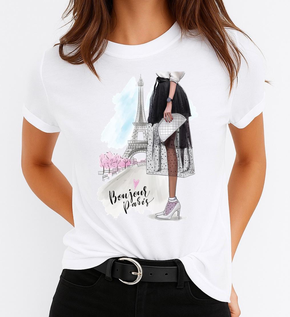 Tricou Alb Dama din Bumbac 100% - Bonjour Paris - MonCherie