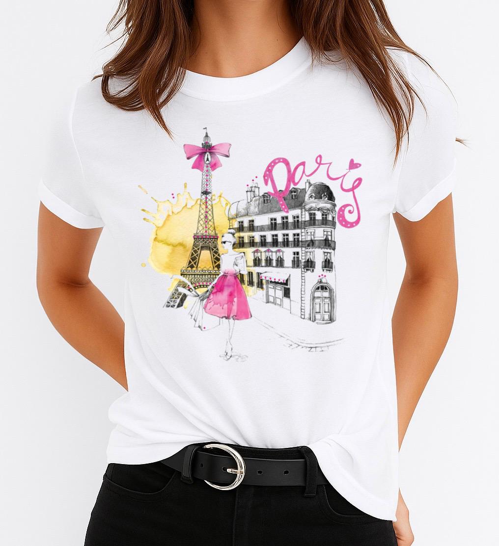 Tricou Alb Dama din Bumbac 100% - Pink Paris 2 - MonCherie