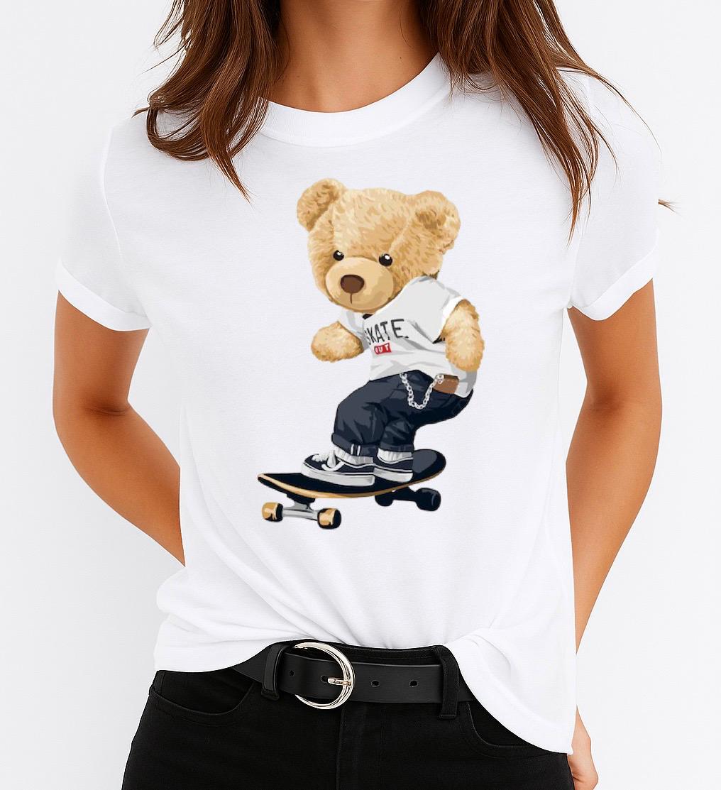Tricou Alb Dama din Bumbac 100% - Cute Bear - MonCherie