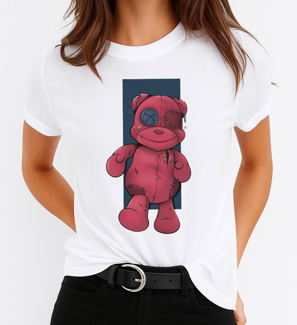 Tricou Alb Dama din Bumbac 100% - Pink Bear