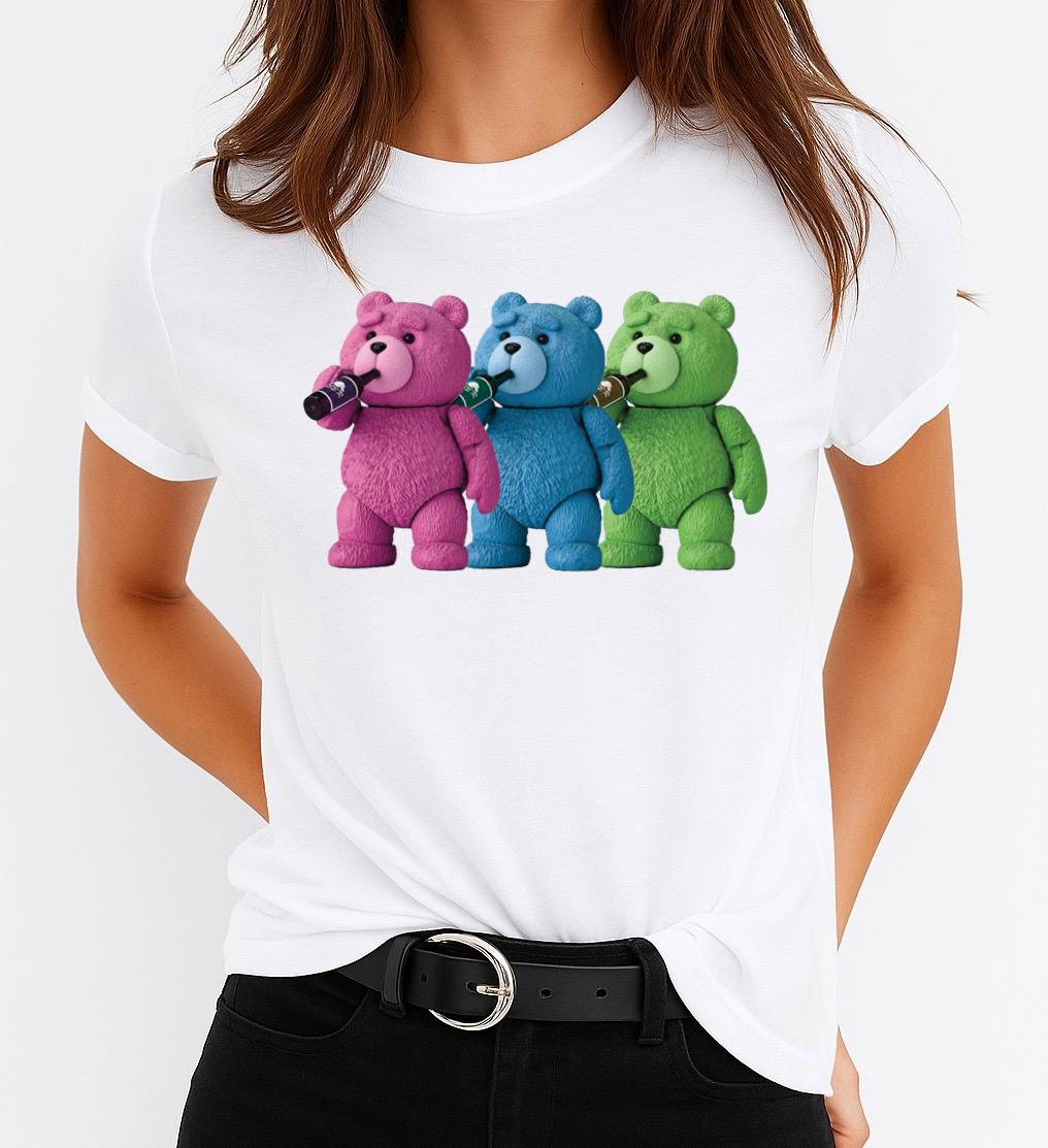 Tricou Alb Dama din Bumbac 100% - 3 Ursuleti