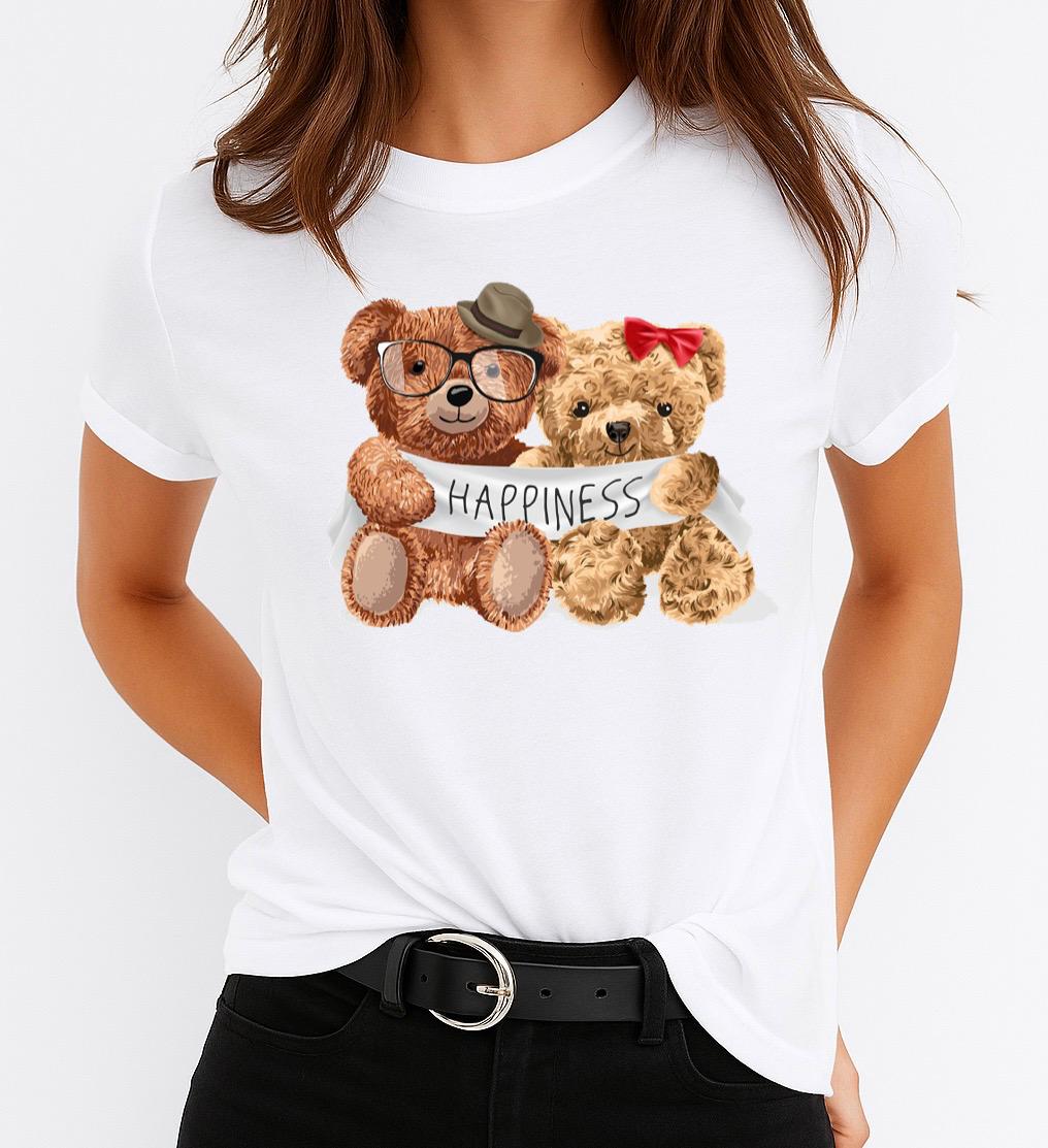 Tricou Alb Dama din Bumbac 100% - Happiness