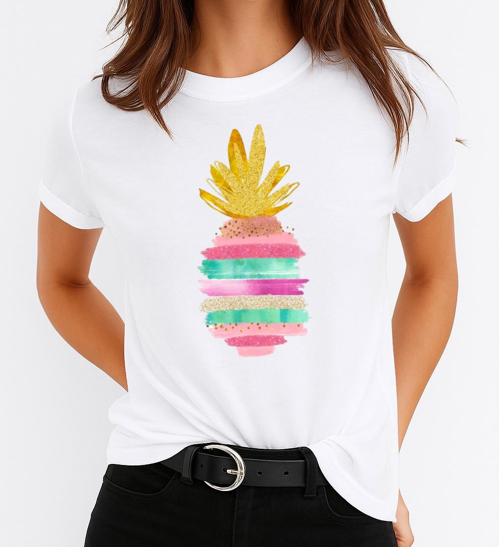 Tricou Alb Dama din Bumbac 100% - Ananas