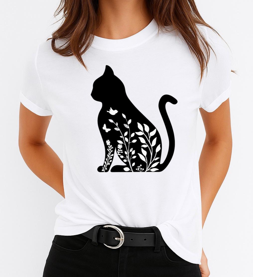 Tricou Alb Dama din Bumbac 100% - Nice Cat